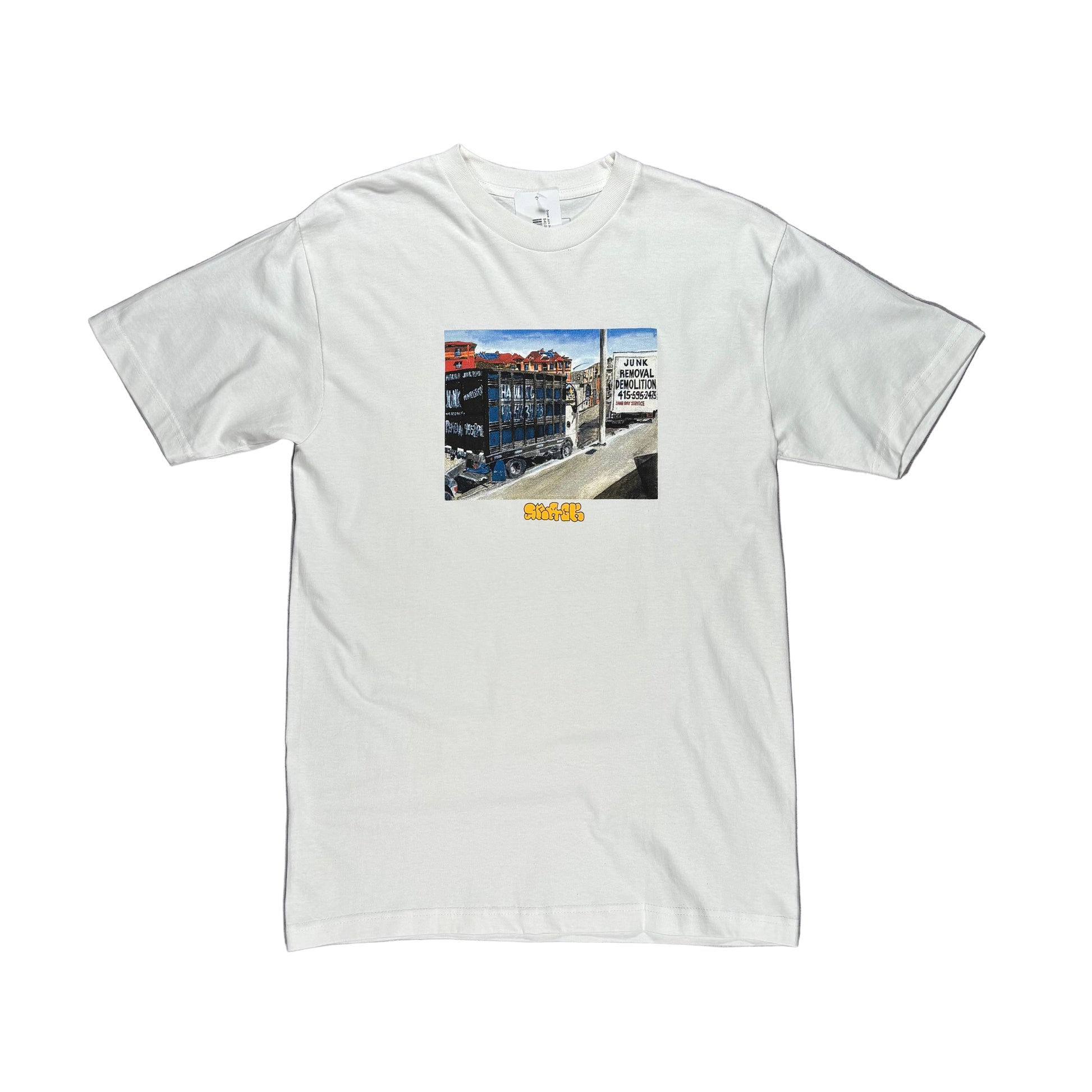 White t-shirt with a printed design on a white surface