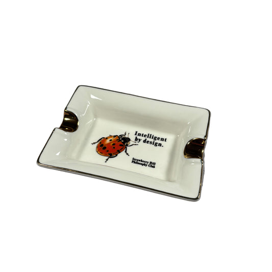 Rectangular white dish with a ladybug illustration on a gray surface