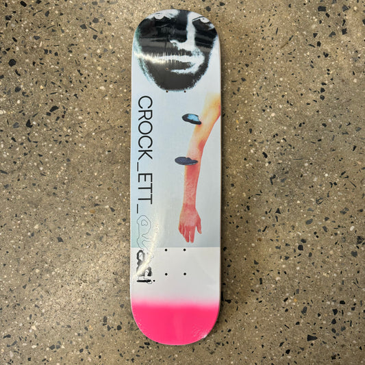 white skateboard deck with various images on the bottom 