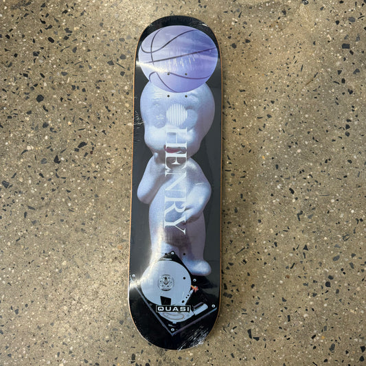 black skateboard deck with a basketball, ghost and cd player on it