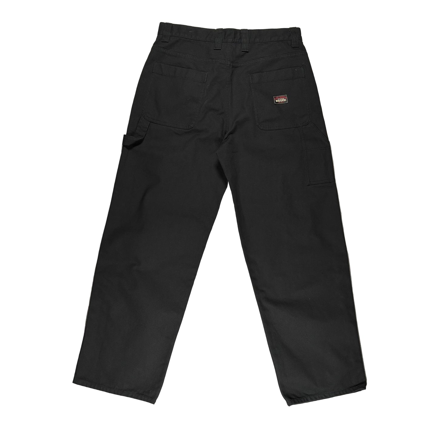 Black pants with a brand logo on a white surface