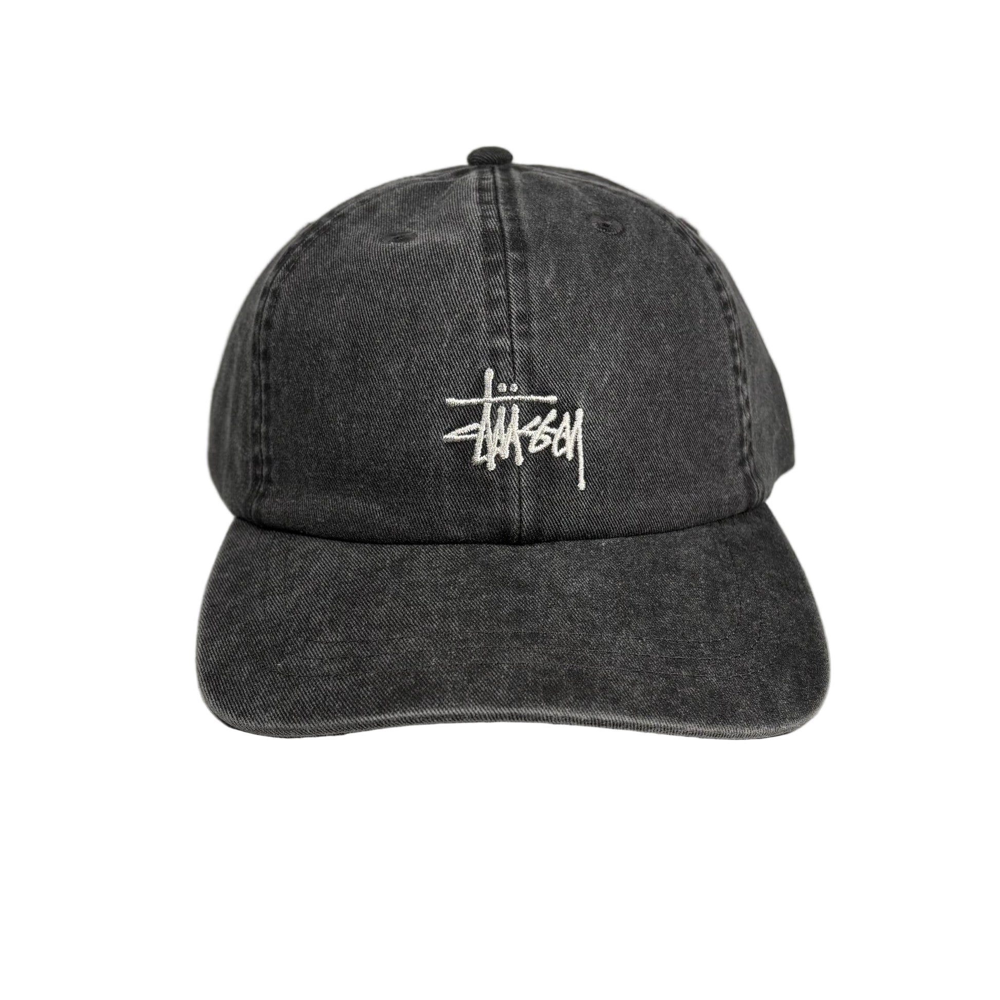 Black denim cap with a white logo on a white  background