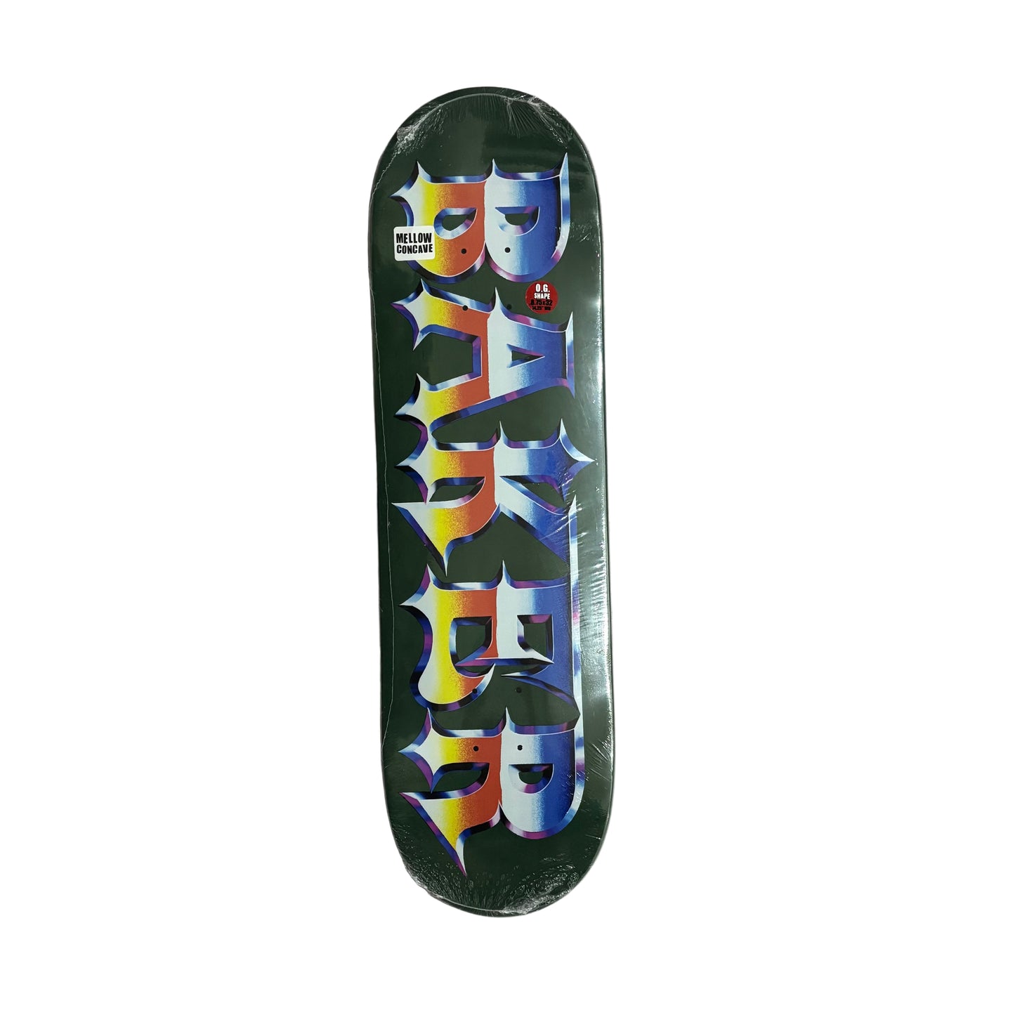Skateboard deck with colorful text design on a white surface