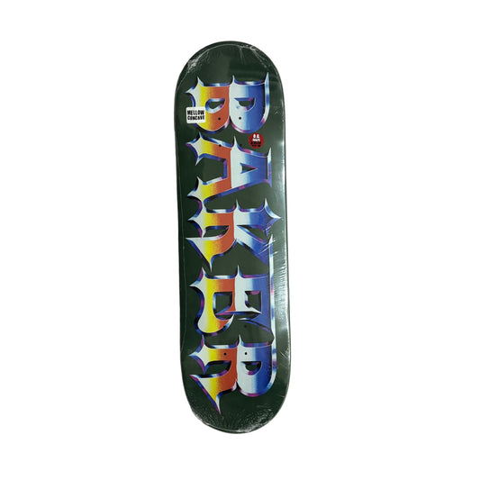 Skateboard deck with colorful text design on a white surface