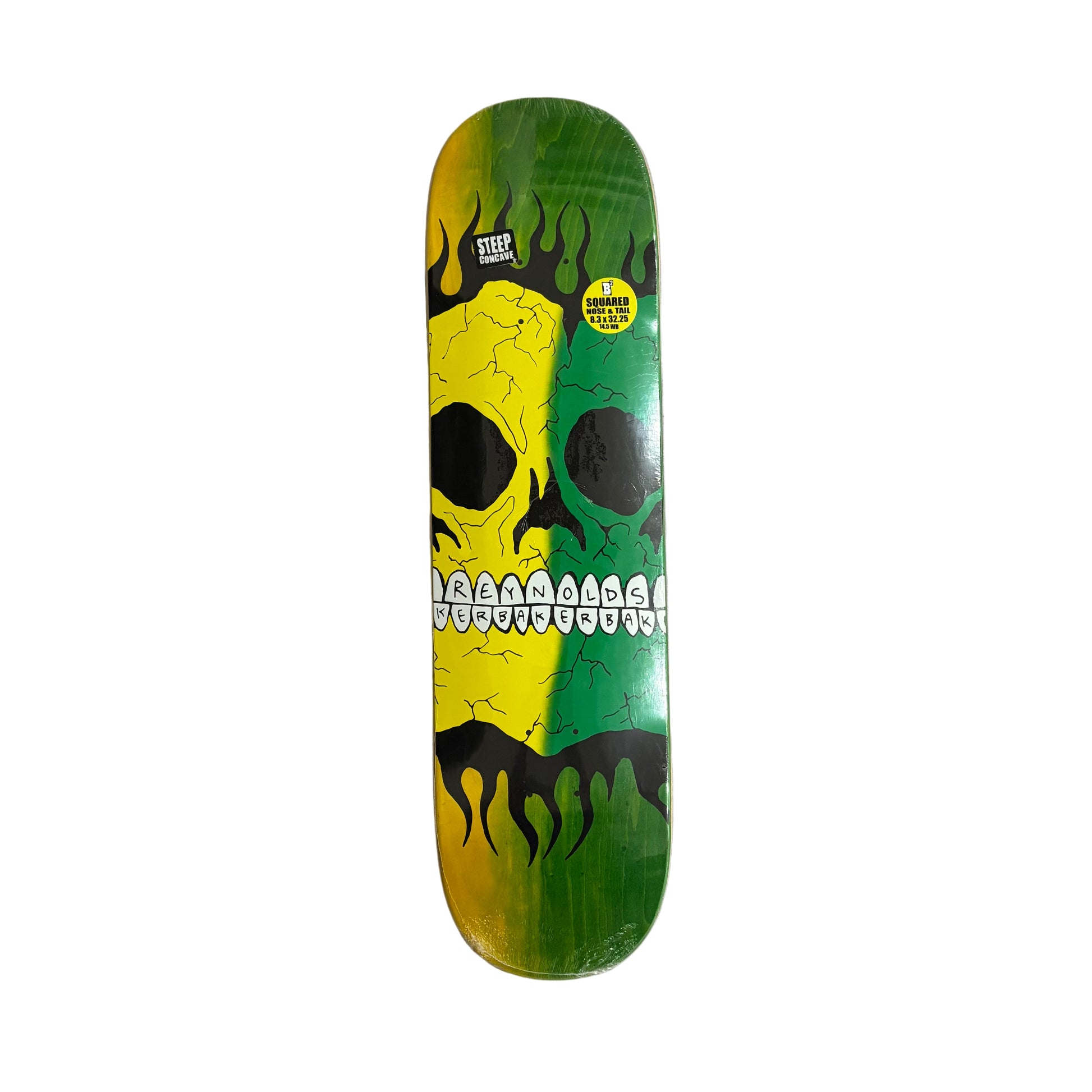 Skateboard deck with a colorful skull design on a white surface