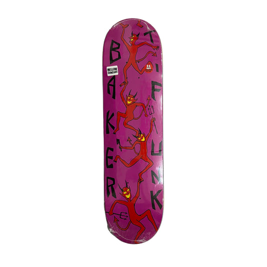 Skateboard deck with red monkey graphics and text on a white background