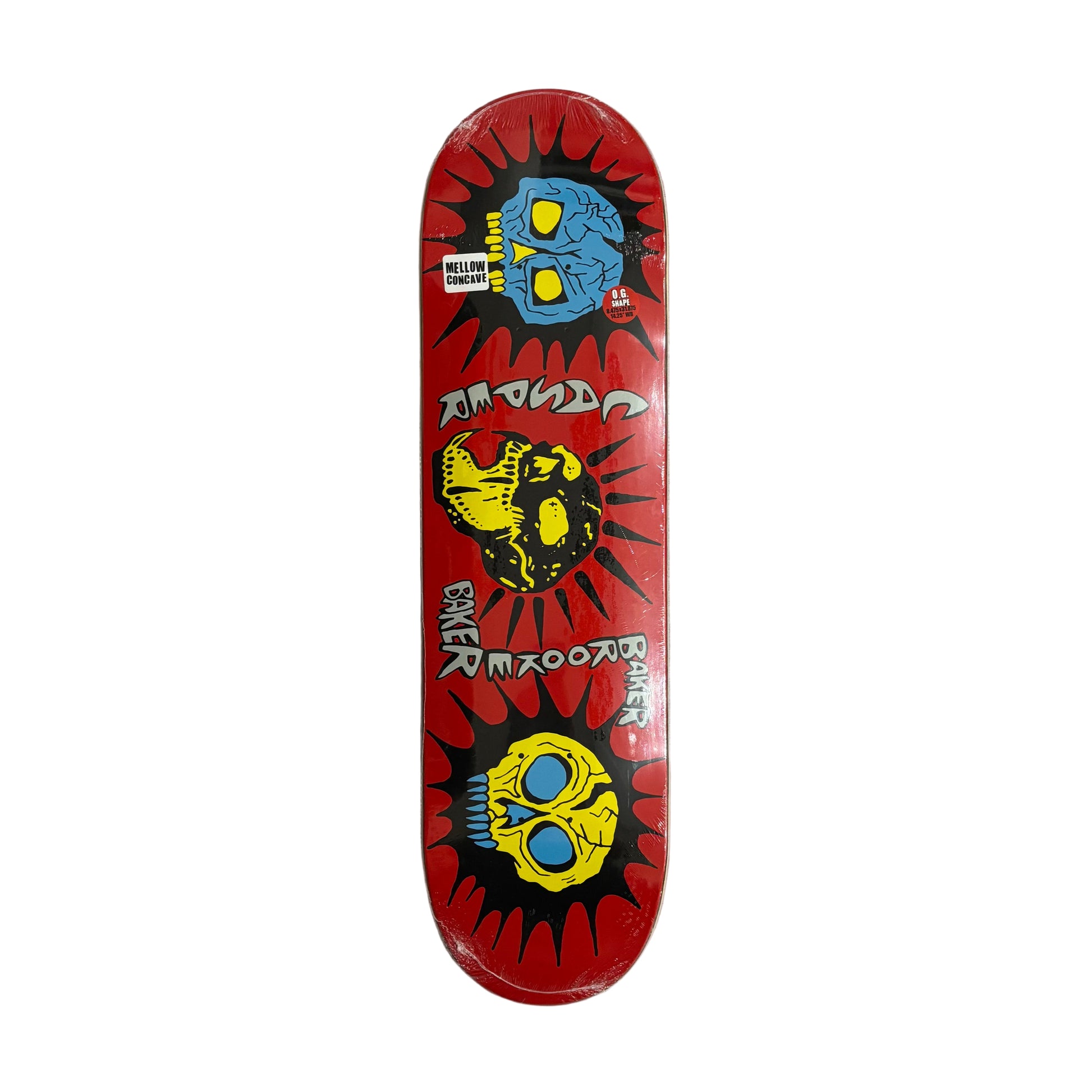 Skateboard deck with colorful  skull graphics on a white surface