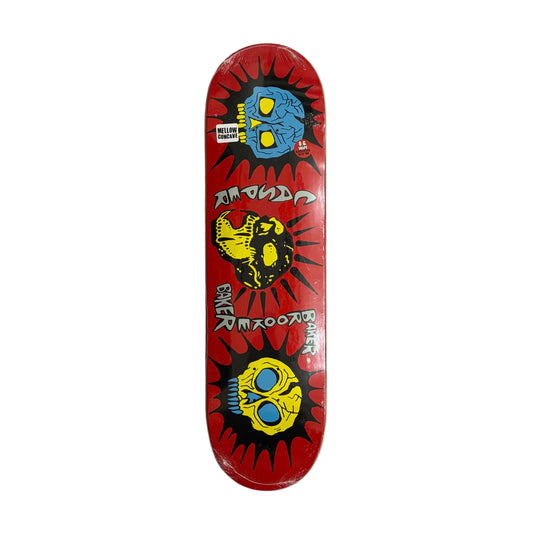 Skateboard deck with colorful  skull graphics on a white surface