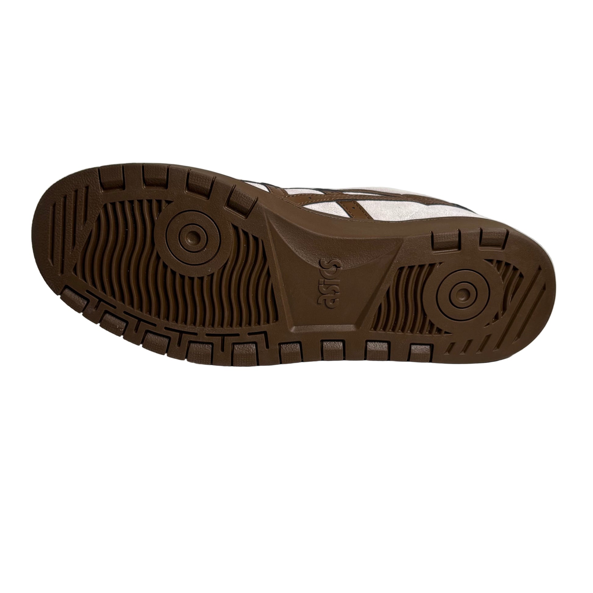 Brown sole of a shoe on a white platform with a white background