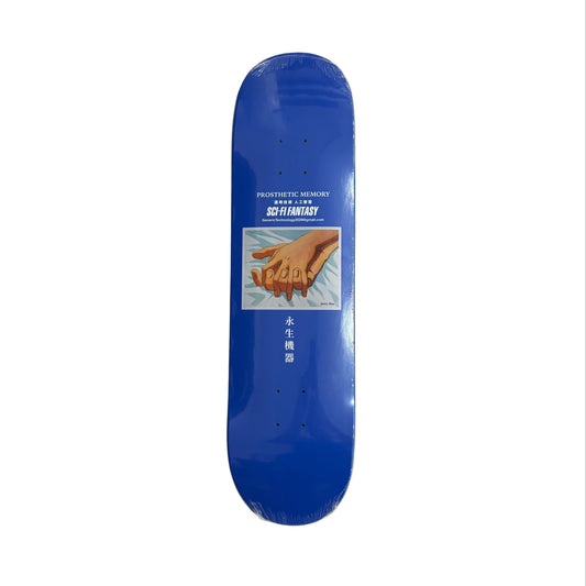 Blue skateboard deck with a graphic of a hand and text on a white surface.