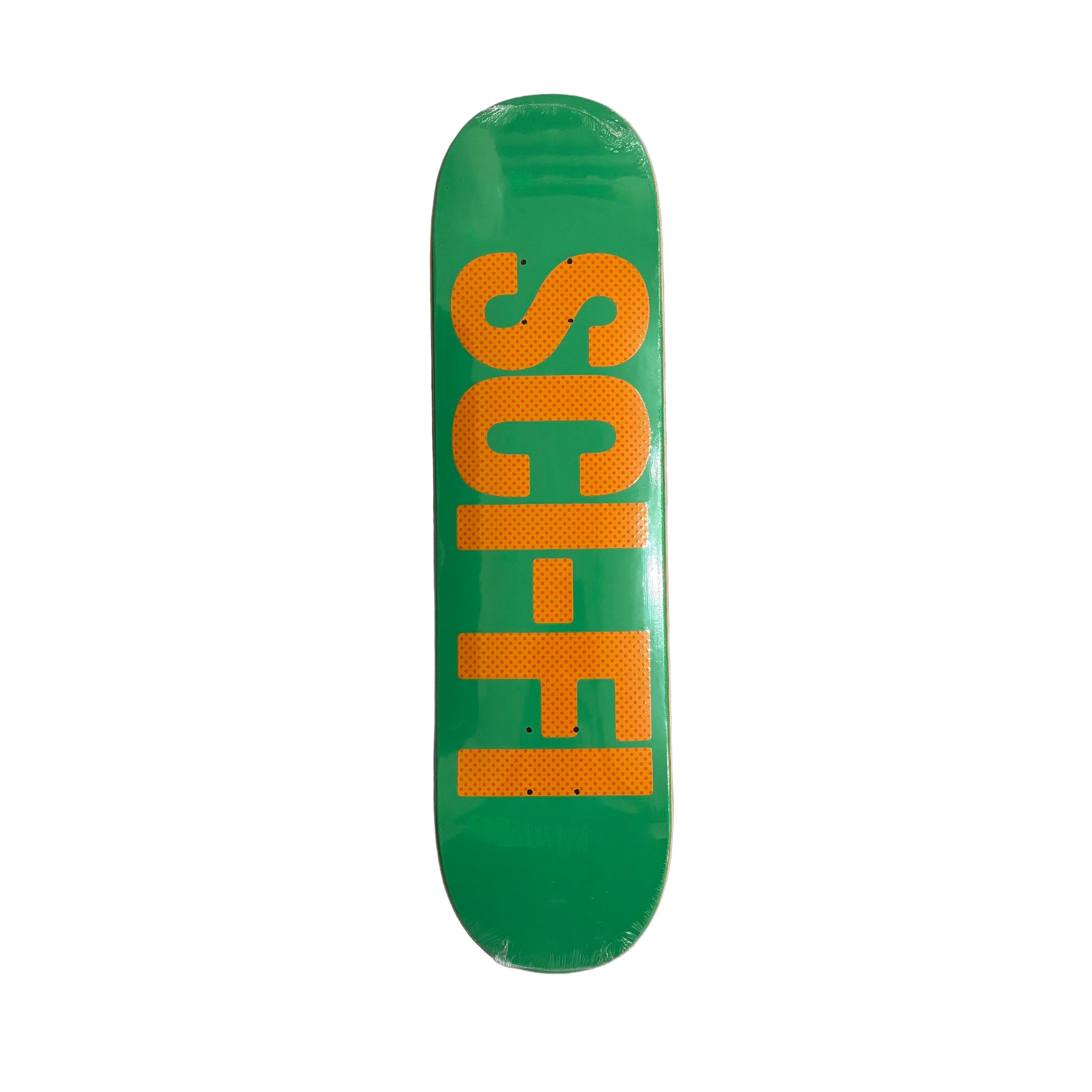 Green skateboard deck with orange SCI-FI text on a white surface