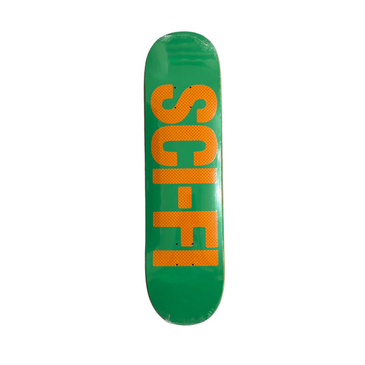 Green skateboard deck with orange SCI-FI text on a white surface