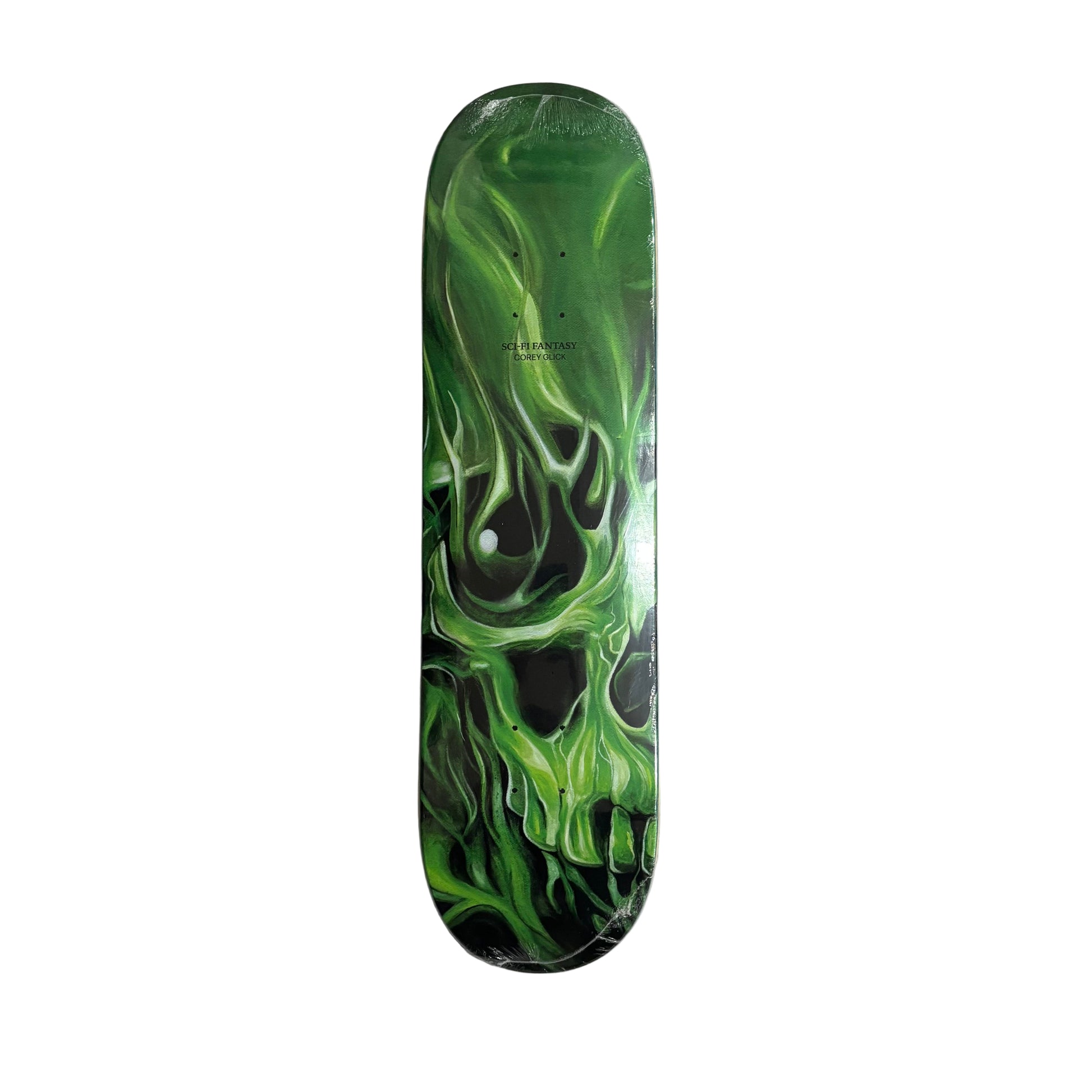 Skateboard deck with green flame design on a white surface