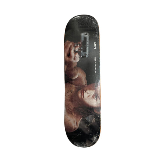 Skateboard deck with a graphic design on a white  surface