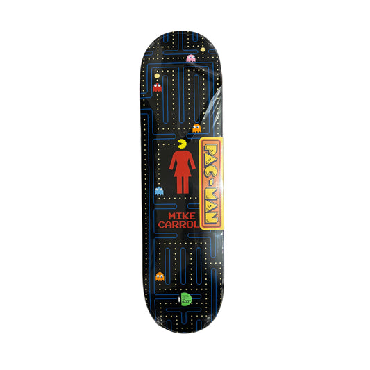 Skateboard deck with Pac-Man design on a white surface