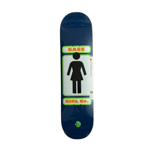 Skateboard deck with a graphic design on a white surface