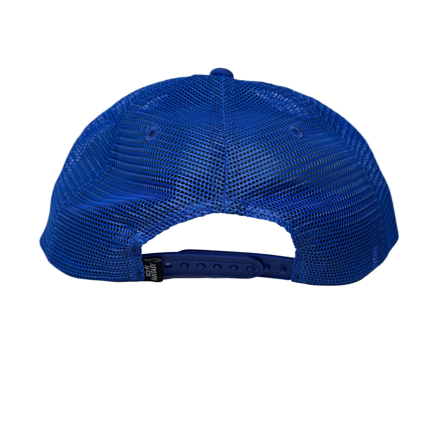 rear view of Blue mesh cap on a white surface 