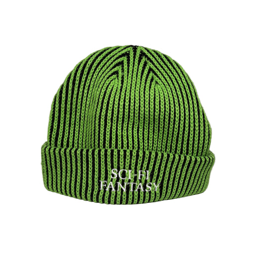 Green knit beanie with 'Sci-Fi Fantasy' text on a white  background