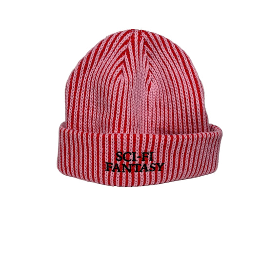 Red and white striped beanie with 'Sci-Fi Fantasy' text on a white background