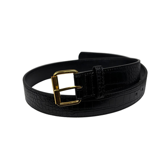 faux crock skin Black belt with a gold buckle on a white surface