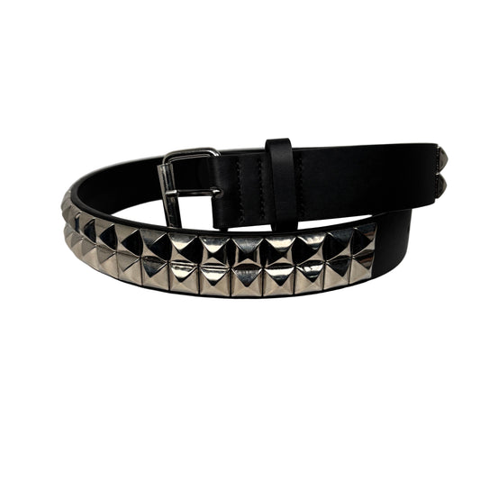 Black leather belt with silver studs on a white surface