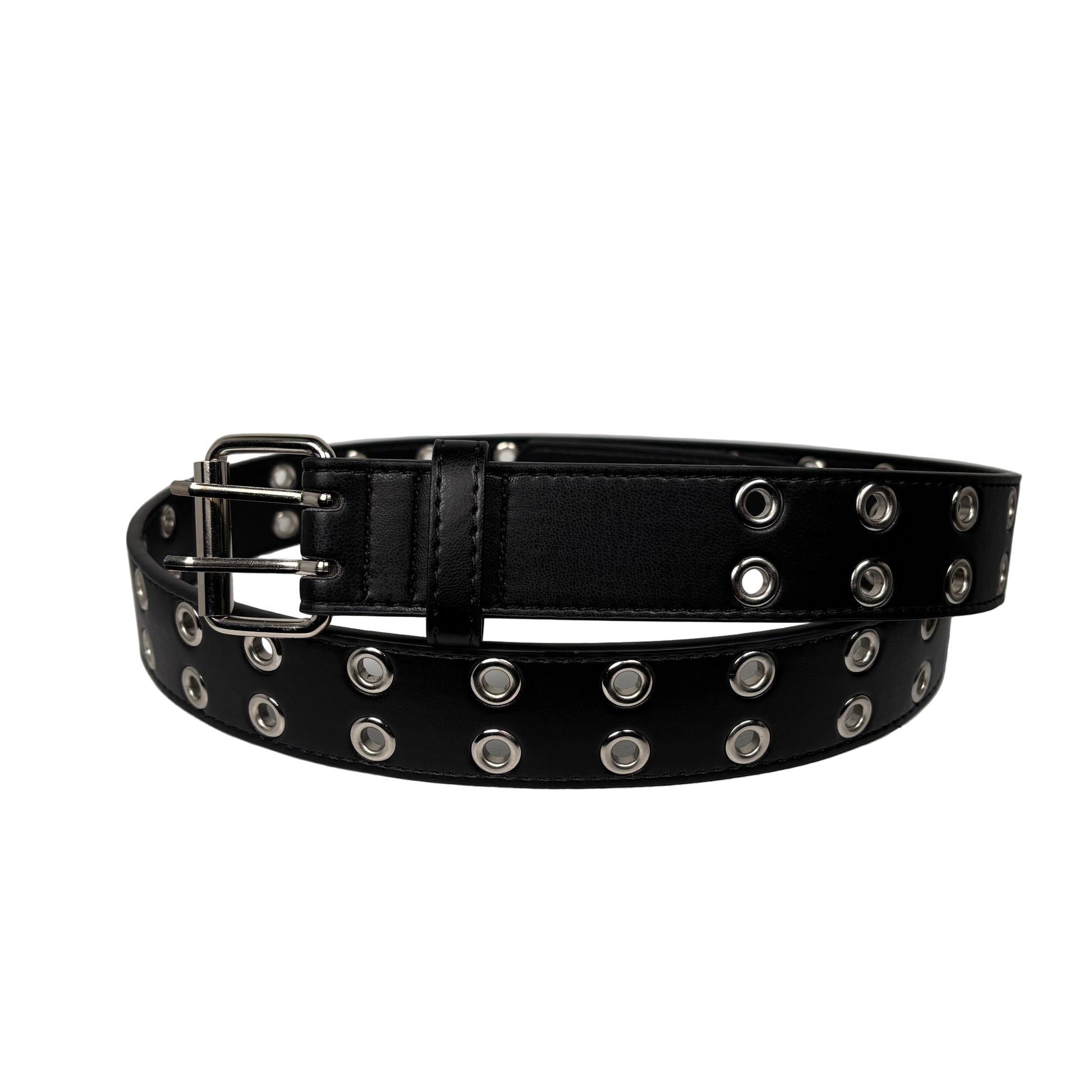 Black leather belt with silver grommets on a white background