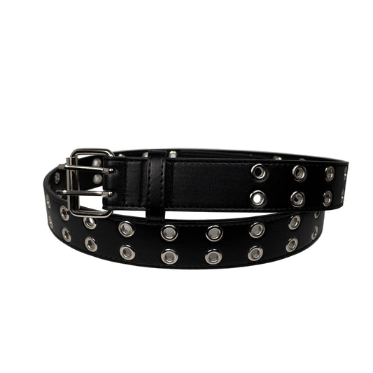 Black leather belt with silver grommets on a white background