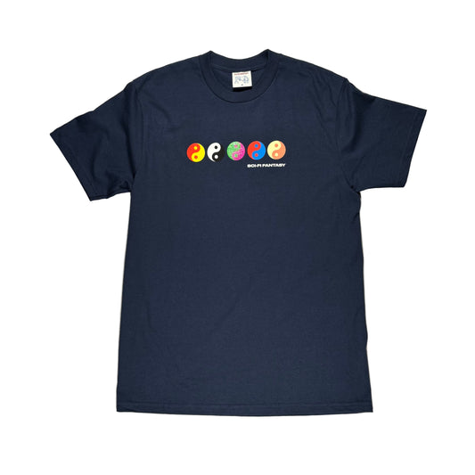 Navy blue t-shirt with colorful graphic design on a white surface