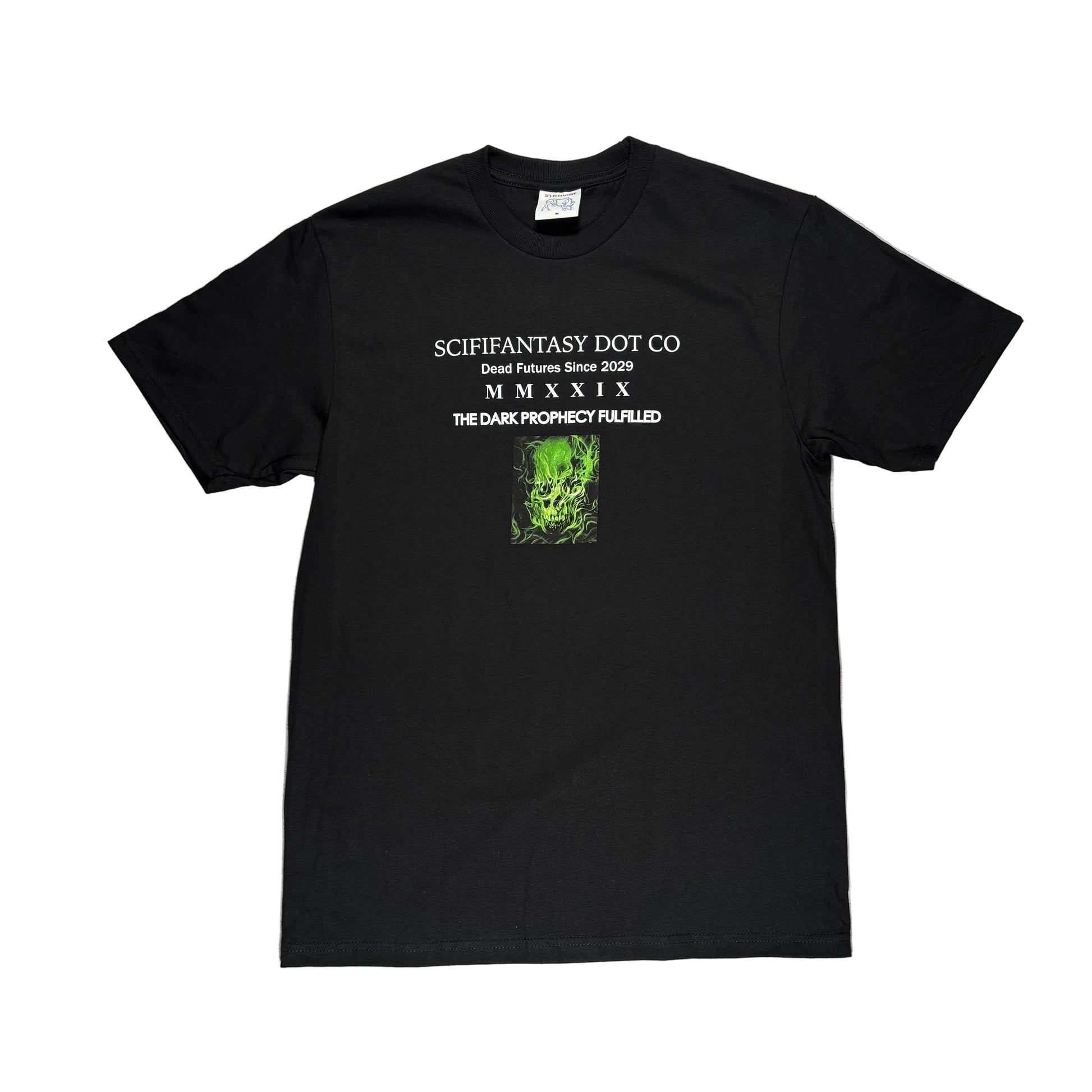 Black t-shirt with text and graphic on a white surface