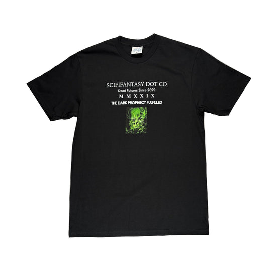 Black t-shirt with text and graphic on a white surface