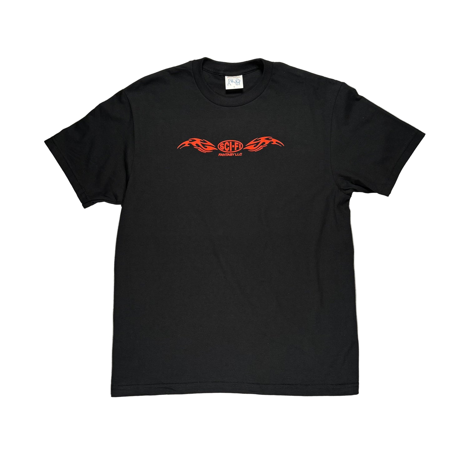 Black t-shirt with red logo on a white surface