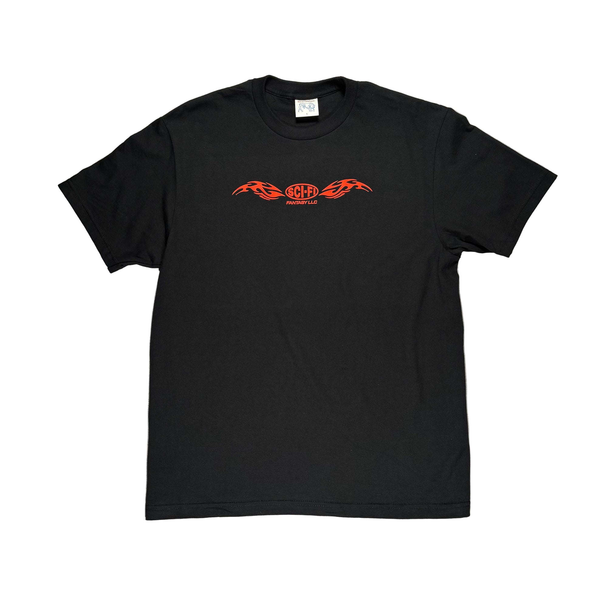 Black t-shirt with red logo on a white surface