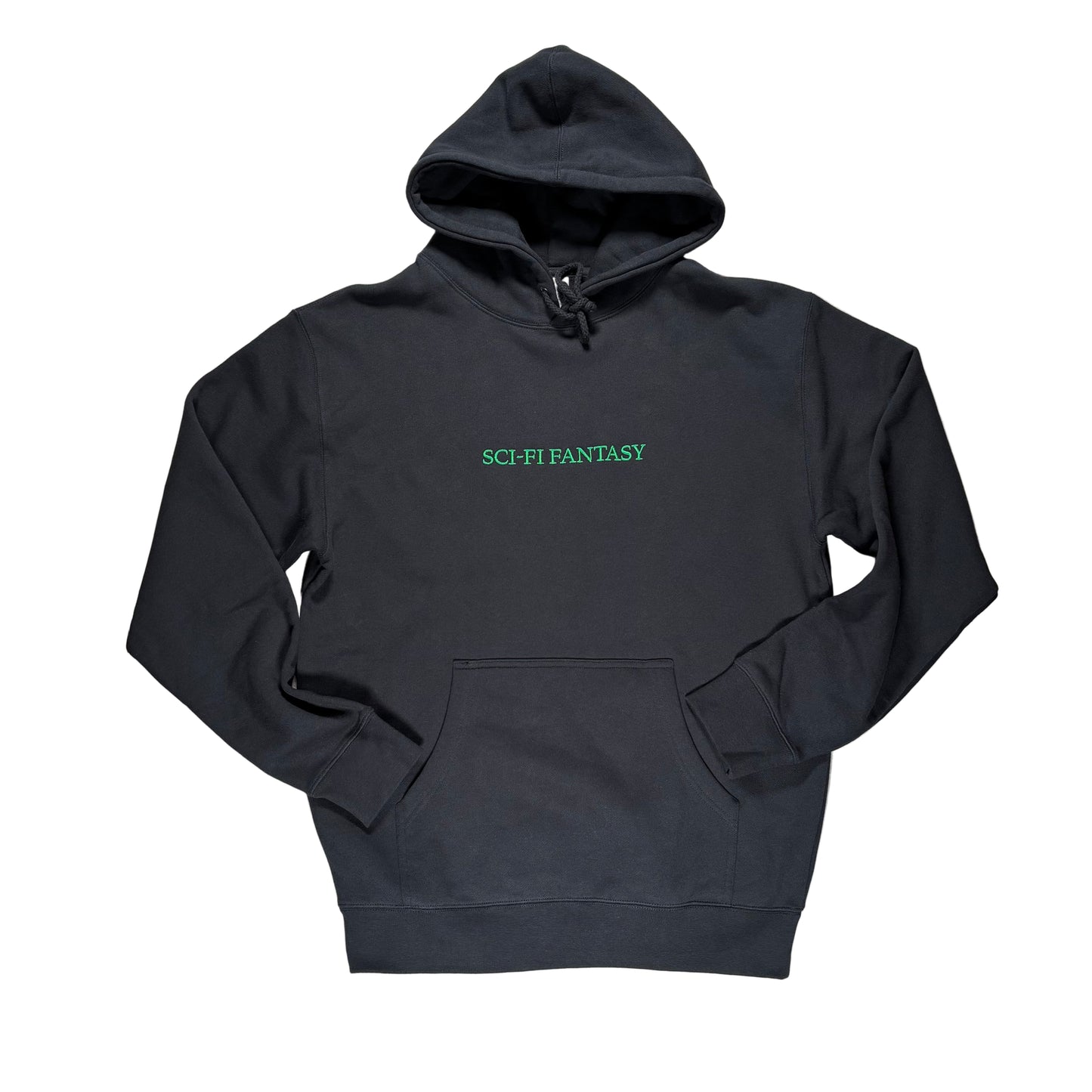 navy  hoodie with 'SCI-FI FANTASY' text on a white surface