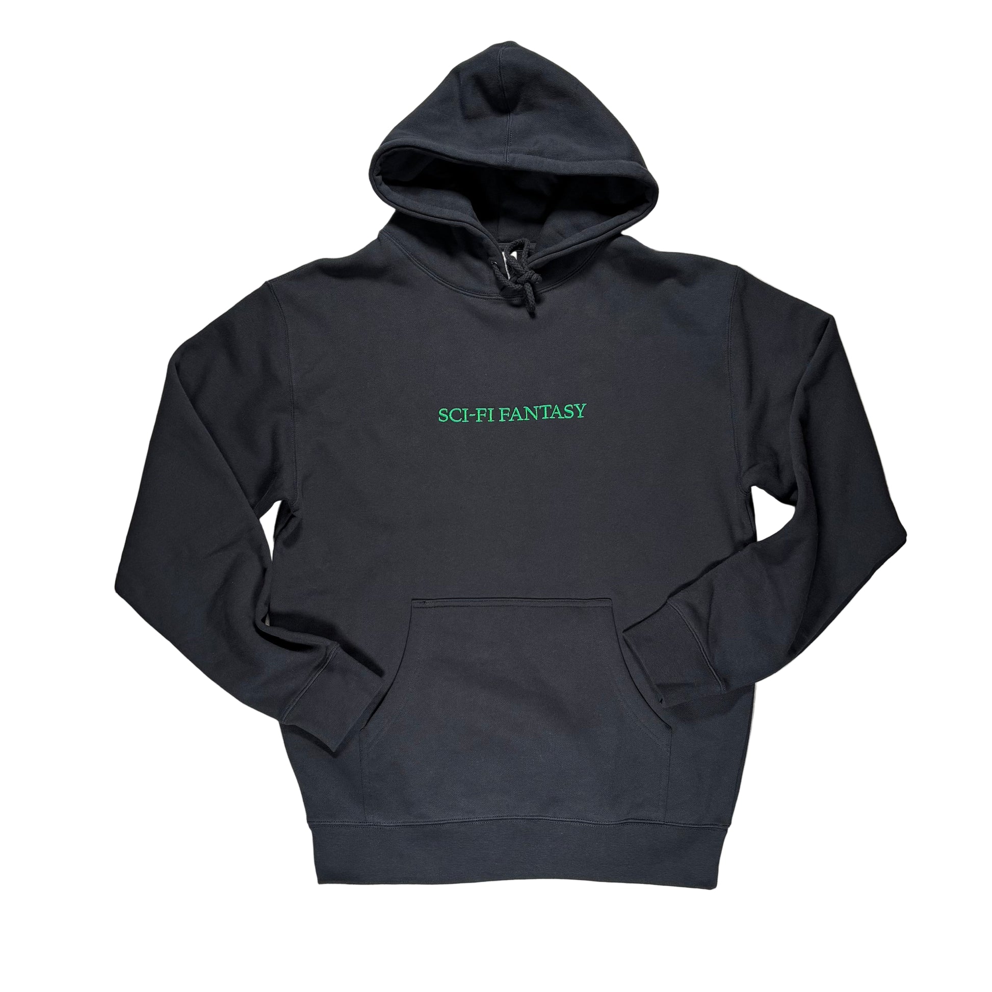 navy  hoodie with 'SCI-FI FANTASY' text on a white surface