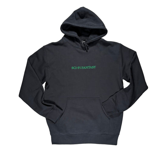 navy  hoodie with 'SCI-FI FANTASY' text on a white surface