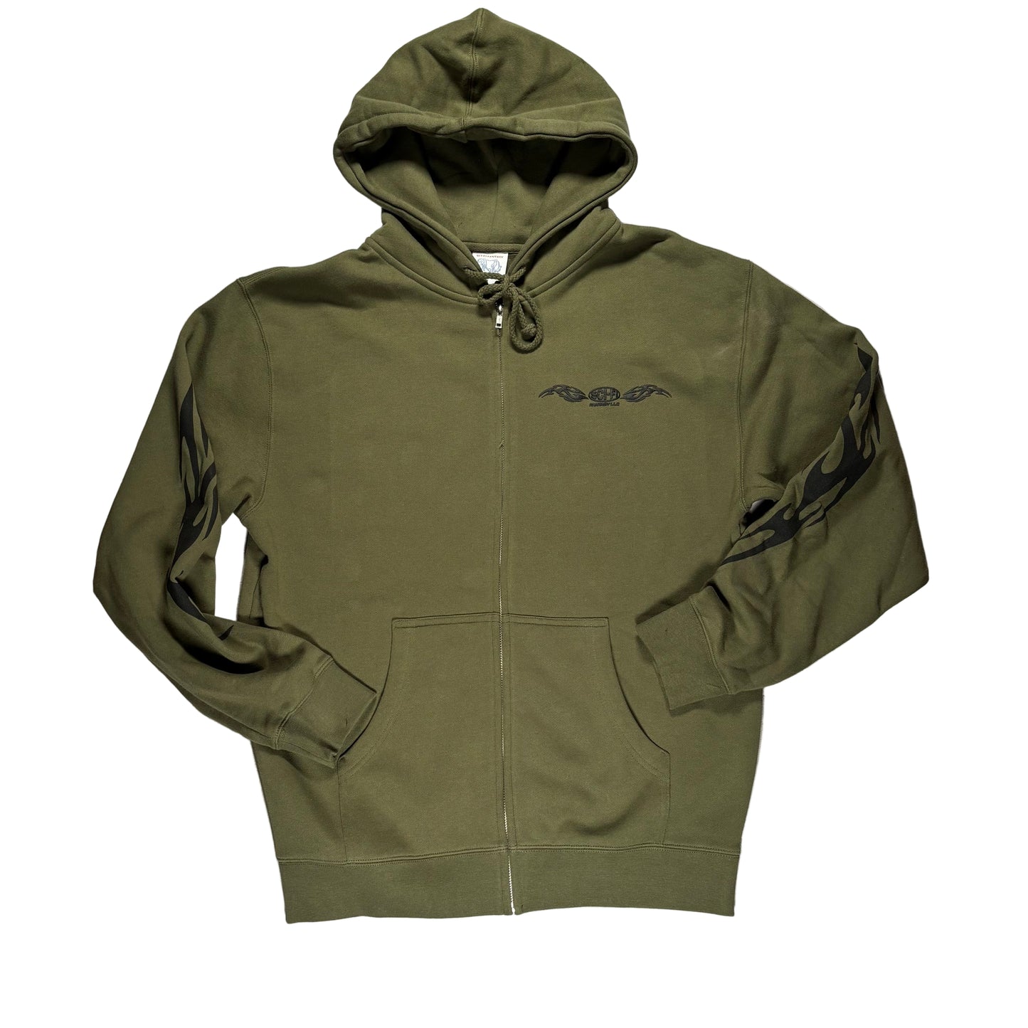 Green hoodie with a brand logo on a white surface