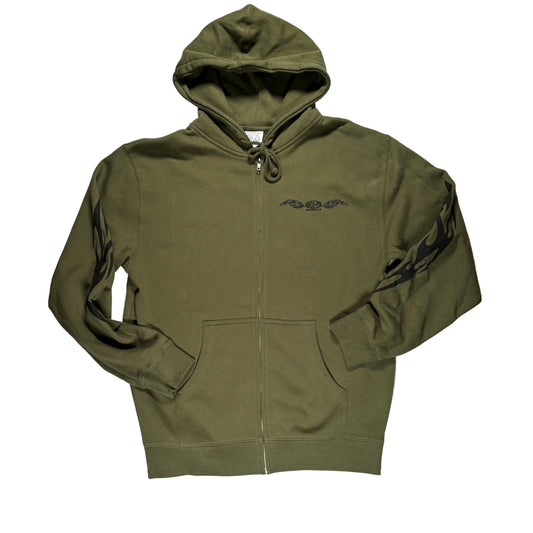 Green hoodie with a brand logo on a white surface