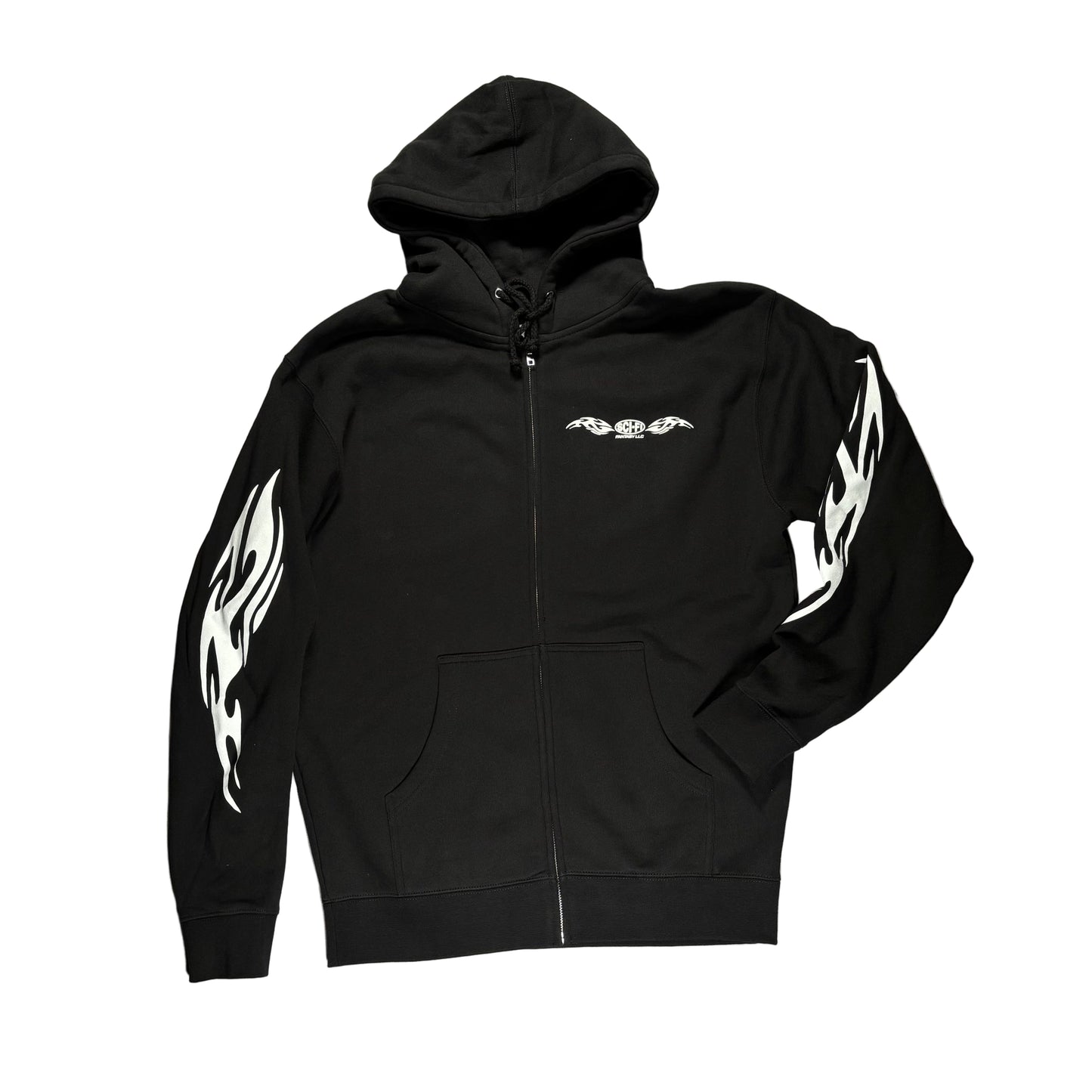 Black hoodie with white designs on a white surface