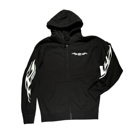 Black hoodie with white designs on a white surface