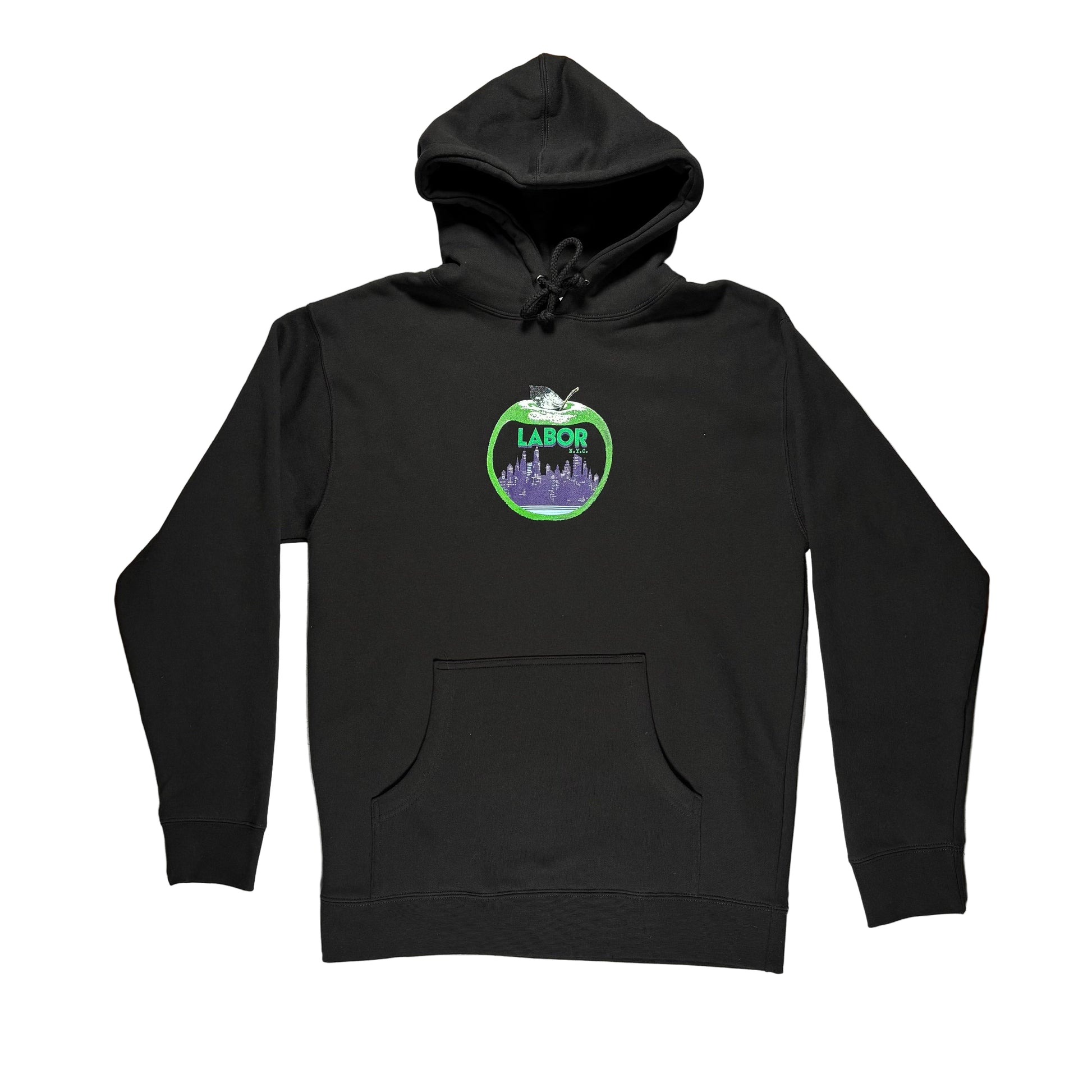 Black hoodie with a center chest LABOR NYC logo on a white surface