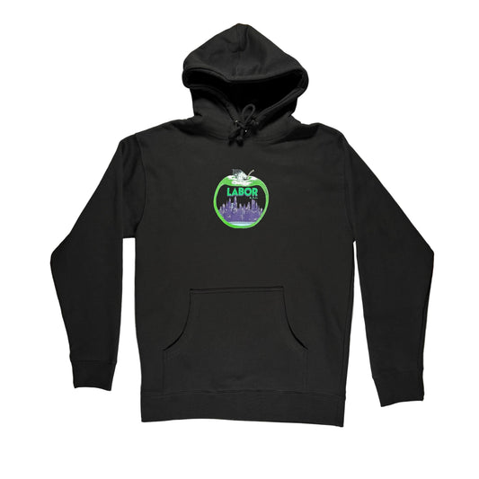 Black hoodie with a center chest LABOR NYC logo on a white surface