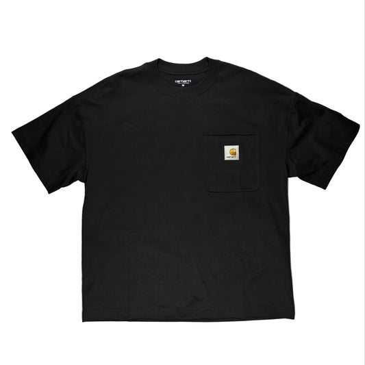 Black t-shirt with a carhartt brand logo on a white surace