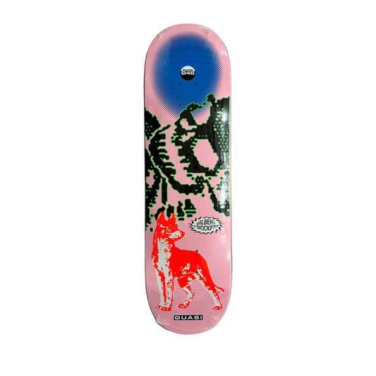 Skateboard deck with a fox design on a white surface