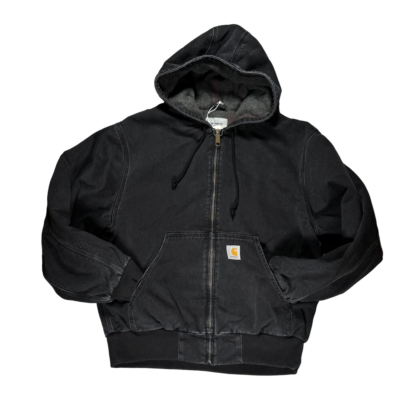 Black hooded work jacket on a white surface 