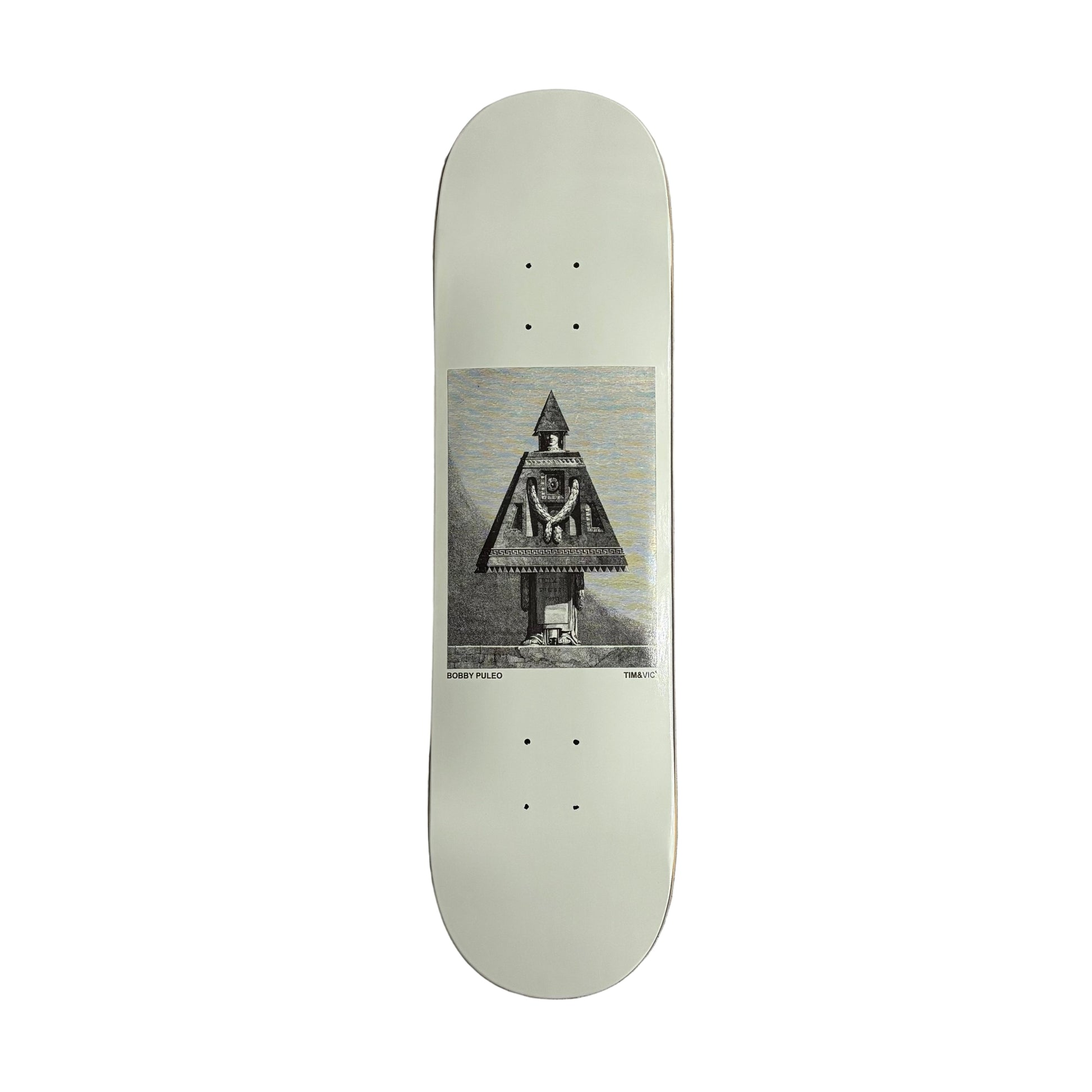 Skateboard deck with a printed design on a white surface