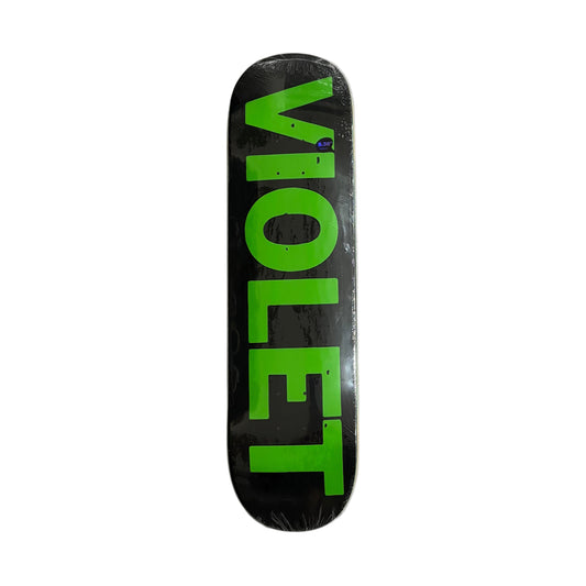 Skateboard deck with 'VIOLET' in green on a black background