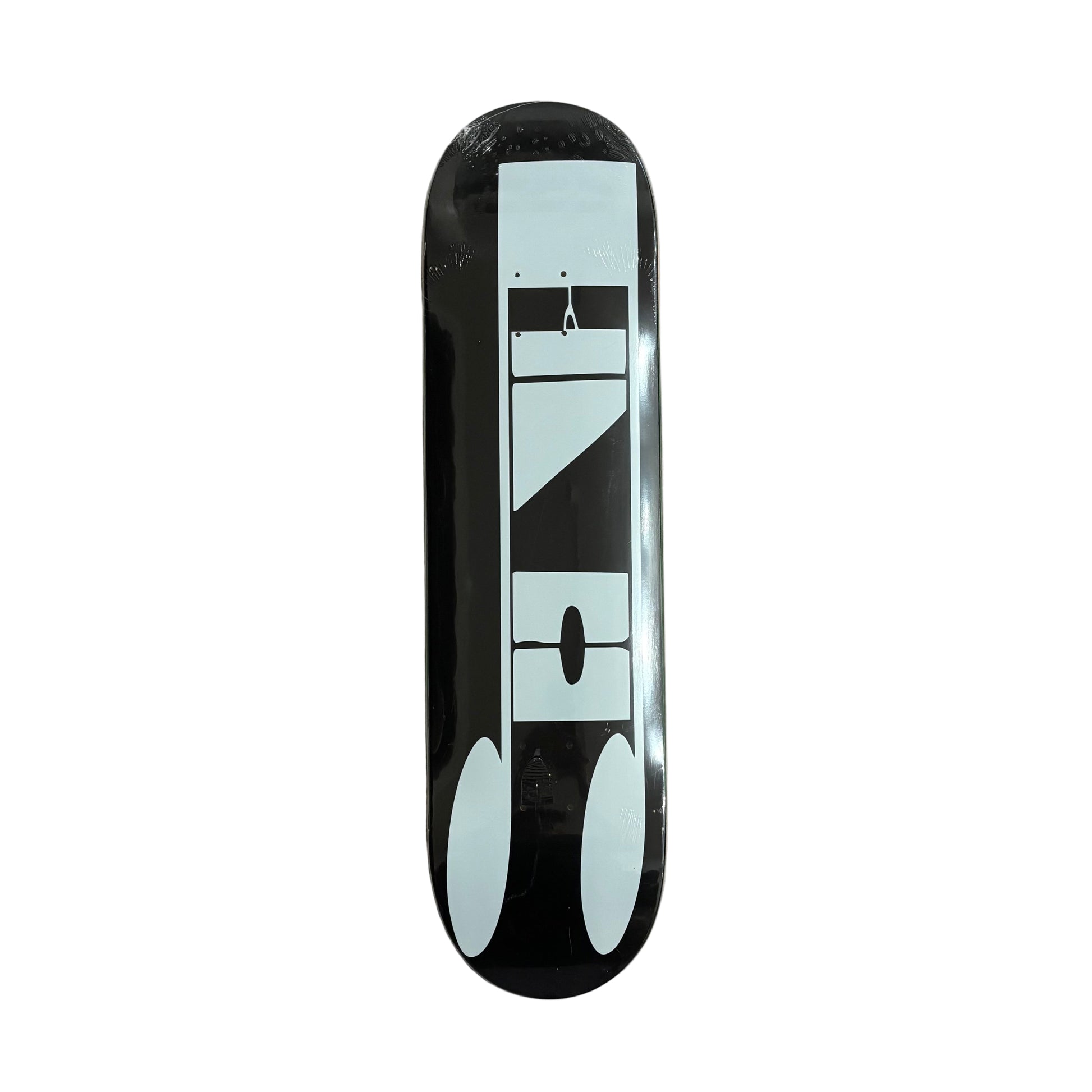 Skateboard deck with a black and white design on a white surface