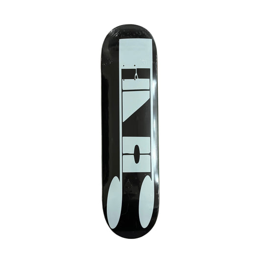 Skateboard deck with a black and white design on a white surface