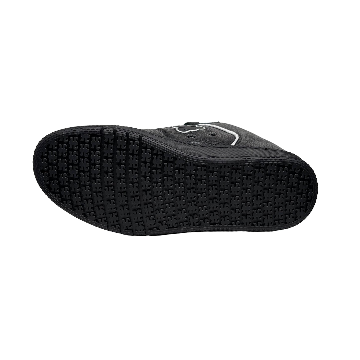 view of black logo patterned outsole of skateboard shoe