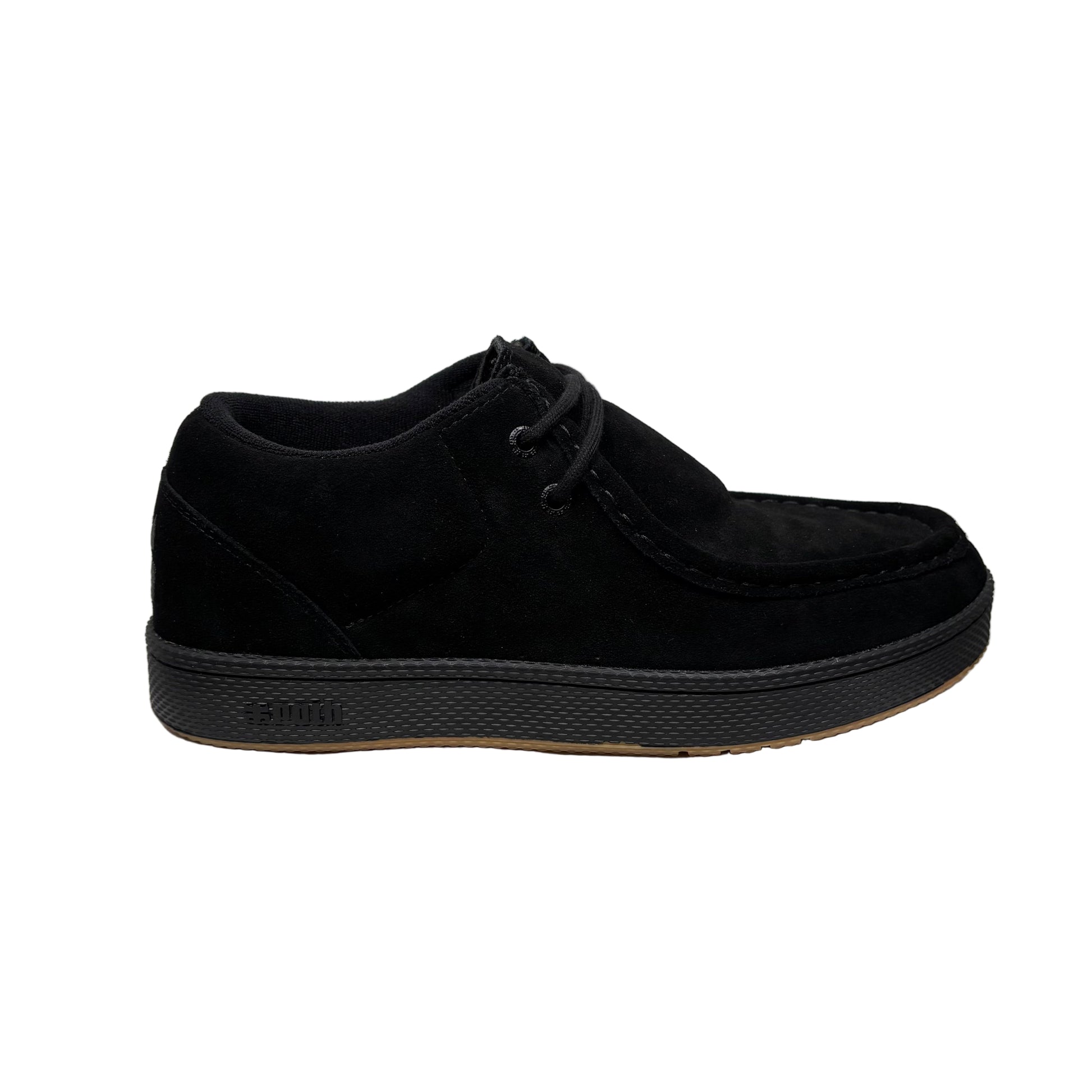 side view of black suede sneaker